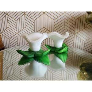 Vintage Hand Blown Art Glass White Satin Flowers Votive Candlestick Holders